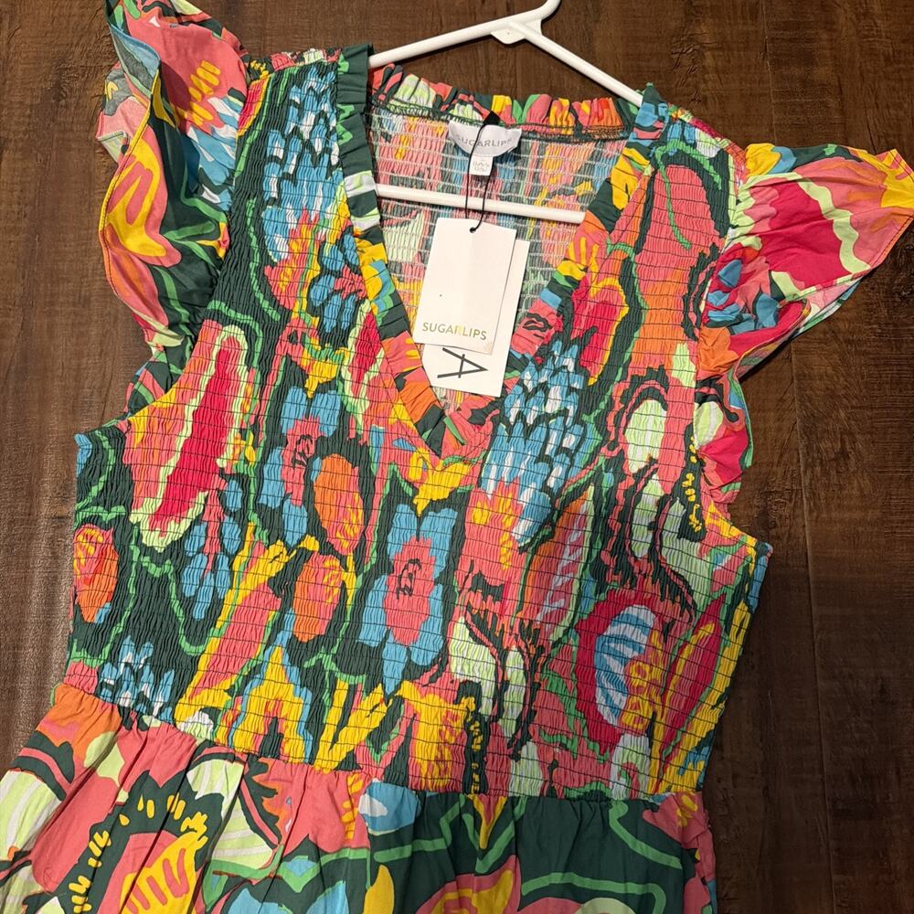 Sugarlips NWT L Maxi Dress Multicolor Floral Smocked Ruffle Flutter Short Sleeve - Picture 2 of 7